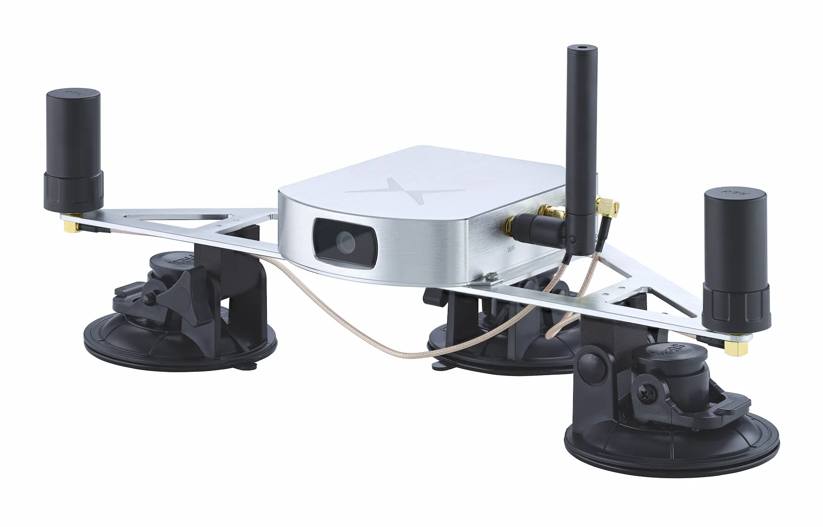 Starter Kit Vision-RTK 2: Sensor auf Montageschiene mit zwei GNSS-Antennen und WLAN-Antenne