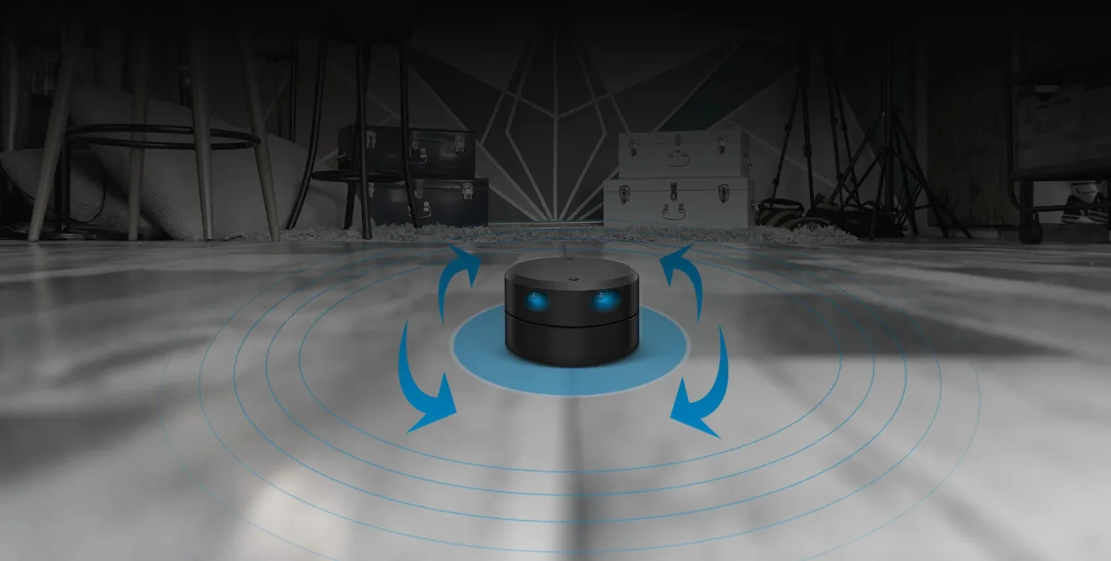 Scanner YDLIDAR G4 auf dem Boden eines Raums mit markiertem 360°-Scanfeld