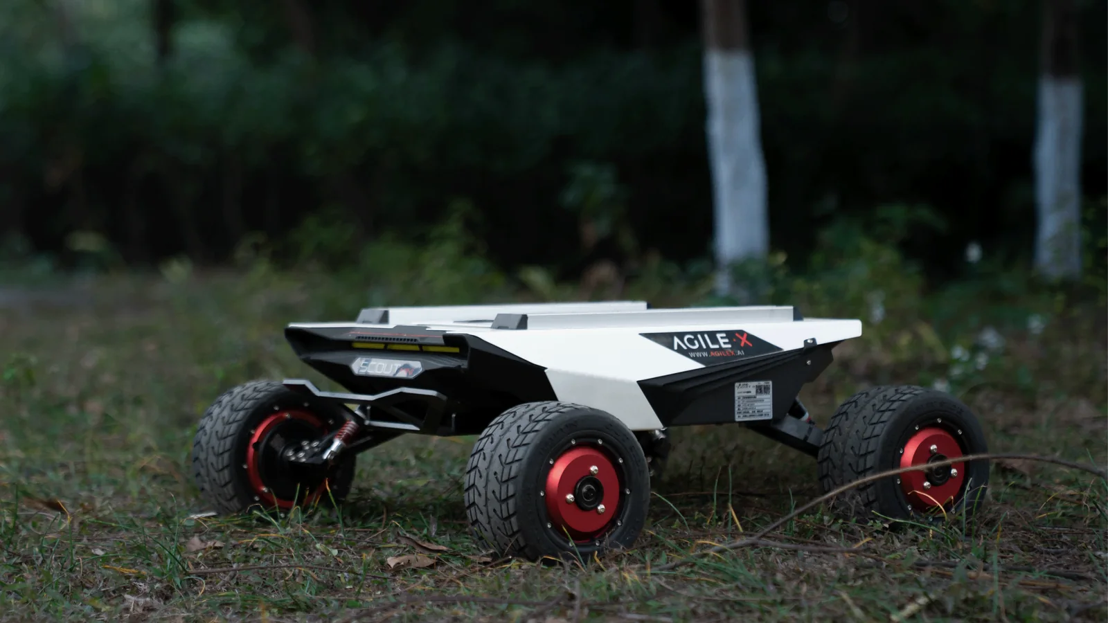 SCOUT MINI auf Gras zwischen Bäumen - kompakte 4WD-Geländeplattform (Herstellerfoto)