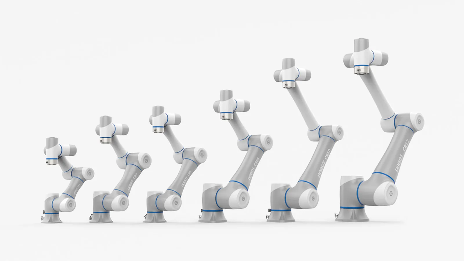 Sechs Dobot-Cobots der CRA-Serie nach Größe aufgestellt - Rendering des Herstellers