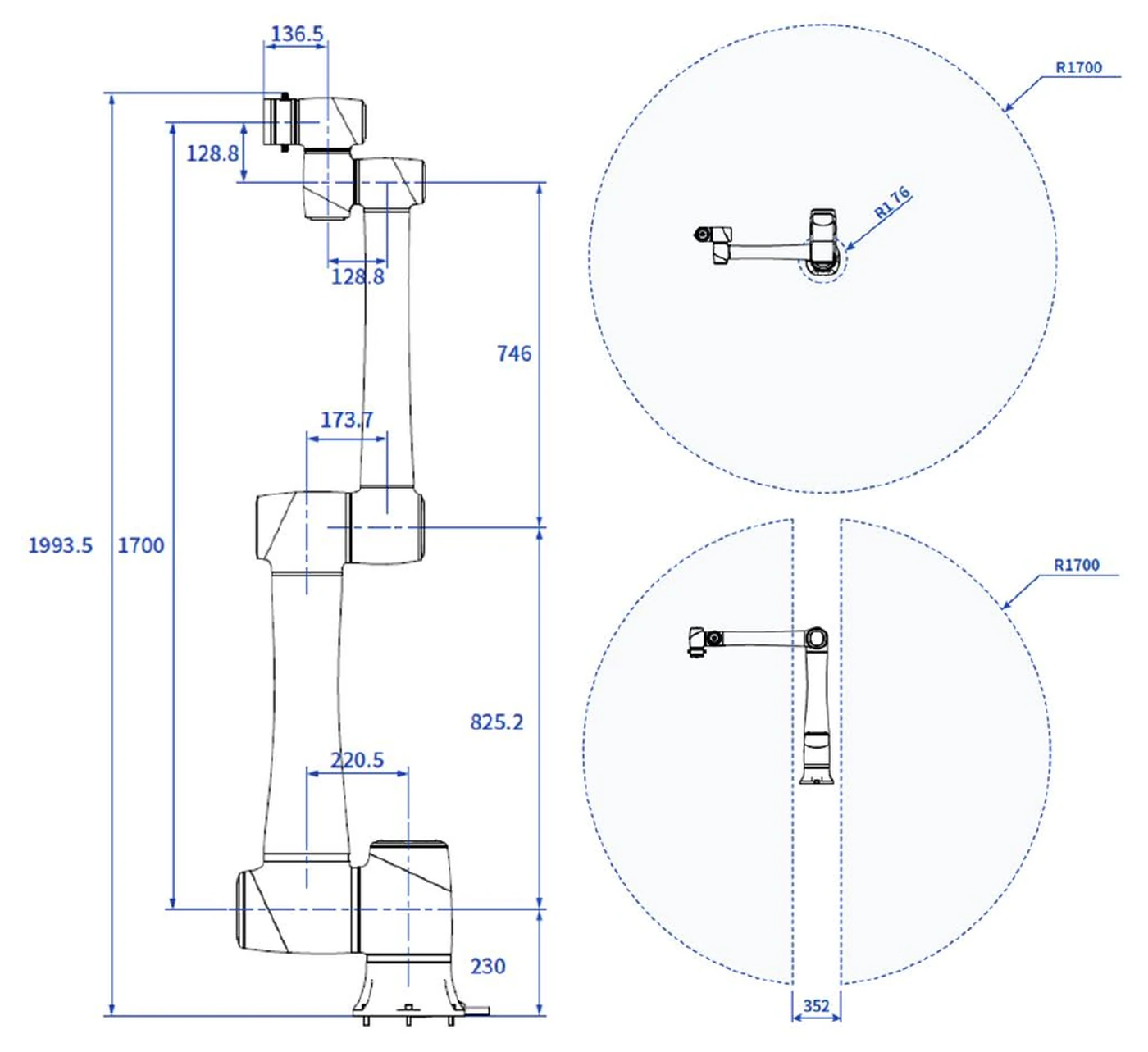 Dobot CR20A - Abmessungen und Arbeitsraum